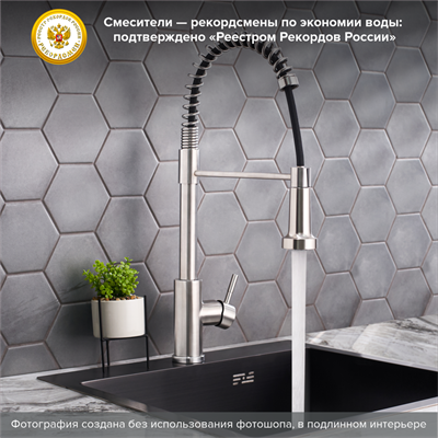 Смеситель для кухни РМС SUS124-016F-2 из нержавеющей стали с вытяжным изливом - фото 737253509